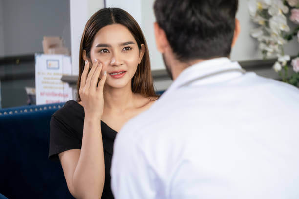 Woman discuss with confident doctor who wear lab coat and sitting on sofa at the modern beauty clinic. Beautiful female touch her face and need to do plastic surgery. Beauty and service concept